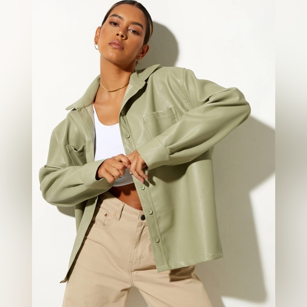 Motel Rocks Faux Leather LumberJack Shirt In PU Sage
